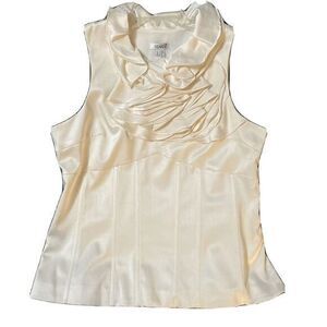 Ravel Cream Silky sleeeveless Blouse sz L Stacked Ruffle‎ Neckline Coquette